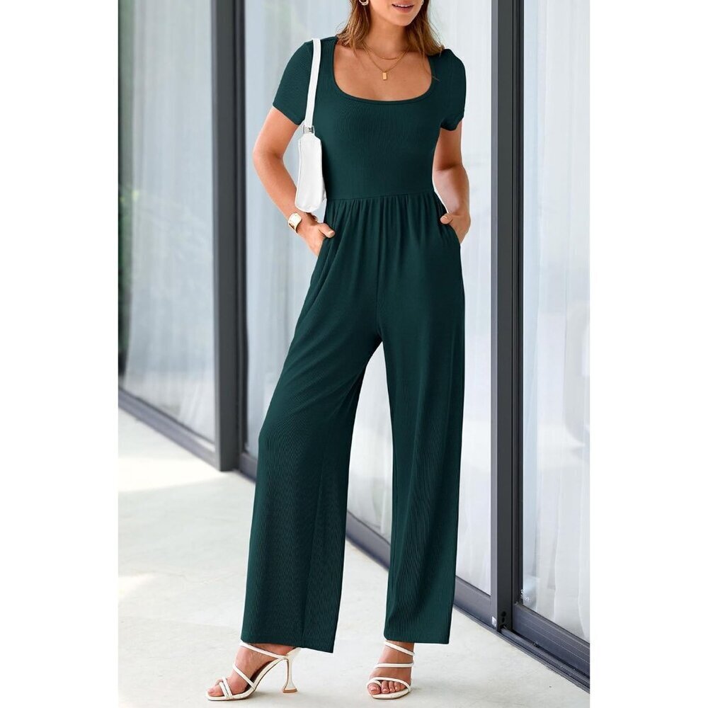 Women's Dark Green Summer Short Sleeve Square Neck Wide Leg Rompers Jumpsuits - Picture 2 of 8